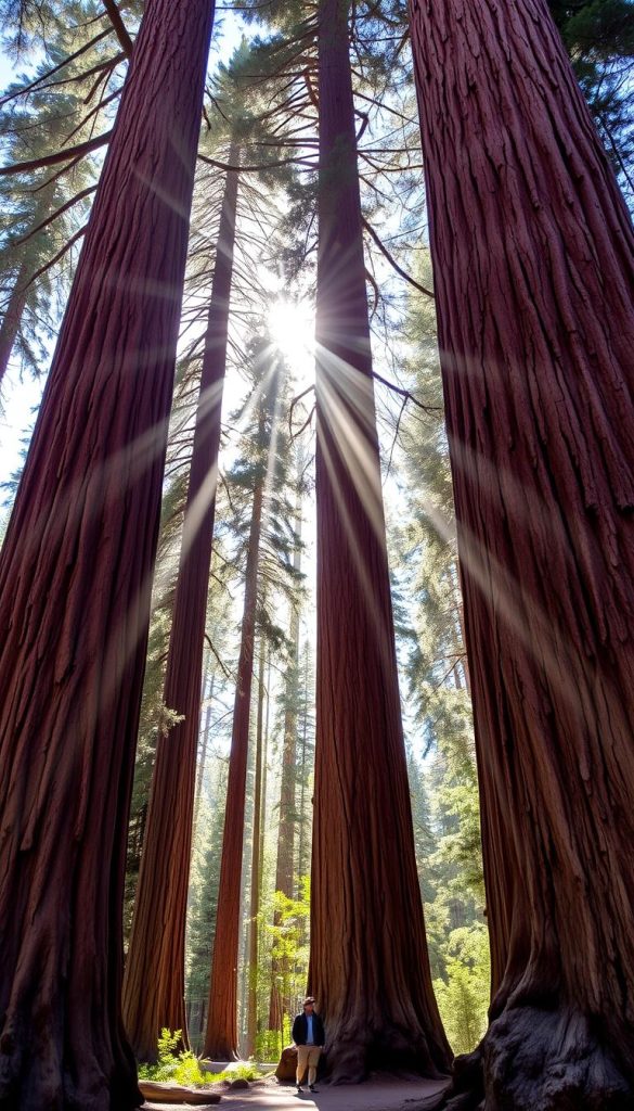 Giant Sequoia Trees In Sequoia National Park With Sunlight Filtering Through The Forest, One Of America's Most Stunning National Parks Giant sequoia trees in Sequoia National Park with sunlight filtering through the forest, one of America's most stunning national parks