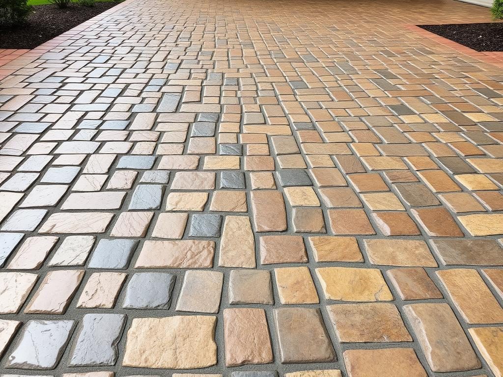 Stamped Concrete Driveway With Cobblestone Pattern Showing Durable Concrete Driveway Ideas Stamped concrete driveway with cobblestone pattern showing durable concrete driveway ideas
