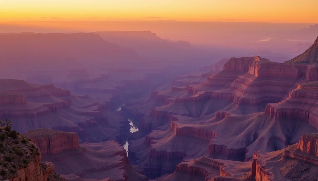 Sunset View Of The Grand Canyon's Vast Expanse Showing Colorful Rock Layers, Representing One Of America's Most Stunning National Parks Sunset view of the Grand Canyon's vast expanse showing colorful rock layers, representing one of America's most stunning national parks