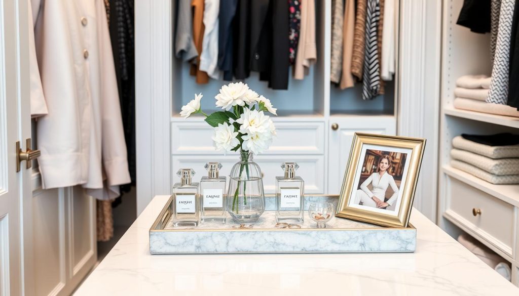 Beautifully Styled Closet Island Top With Decorative Elements Including A Jewelry Tray, Fresh Flowers, And Personal Items Beautifully styled closet island top with decorative elements including a jewelry tray, fresh flowers, and personal items