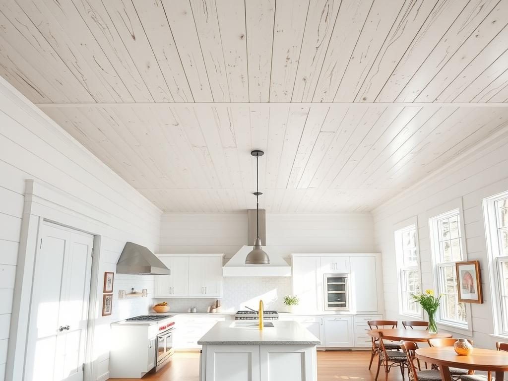 Bright Kitchen With White Wooden Planked Ceiling Adding Texture And Warmth Bright kitchen with white wooden planked ceiling adding texture and warmth