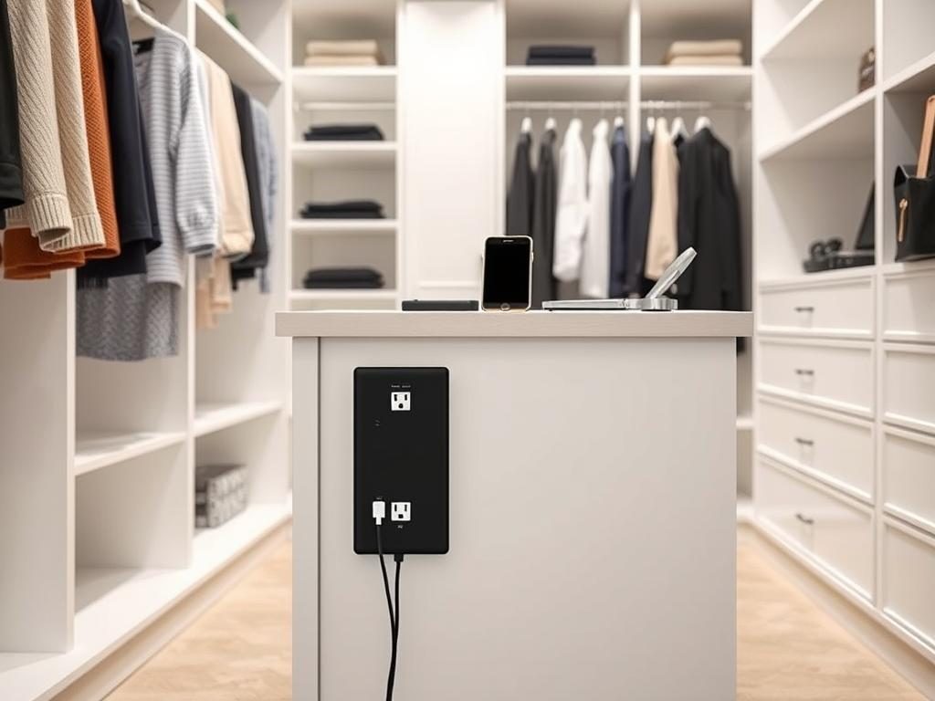 Closet Island With Built-In Outlets And Usb Ports For Charging Devices And Powering Styling Tools Closet island with built-in outlets and USB ports for charging devices and powering styling tools
