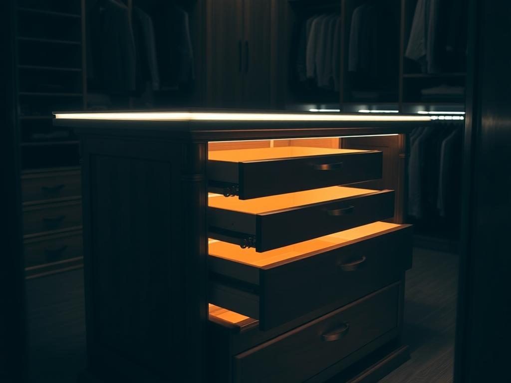 Closet Island With Integrated Led Lighting In Drawers And Under The Countertop Edge Closet island with integrated LED lighting in drawers and under the countertop edge