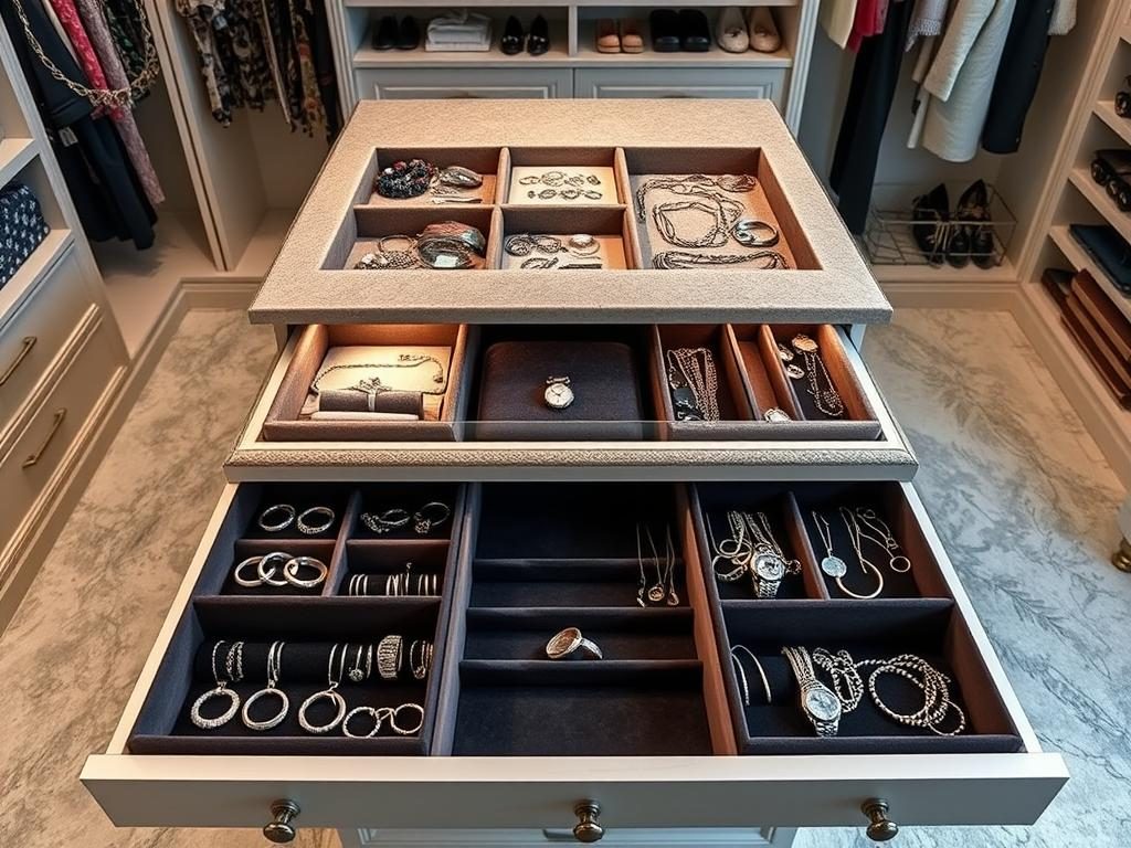 Closet Island With Specialized Jewelry Drawers Featuring Velvet-Lined Compartments For Rings, Necklaces, And Watches Closet island with specialized jewelry drawers featuring velvet-lined compartments for rings, necklaces, and watches