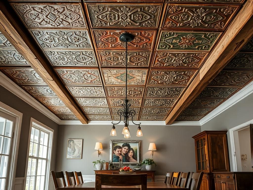 Dining Room Featuring A Ceiling With Reclaimed Architectural Elements Including Antique Tin Tiles Dining room featuring a ceiling with reclaimed architectural elements including antique tin tiles