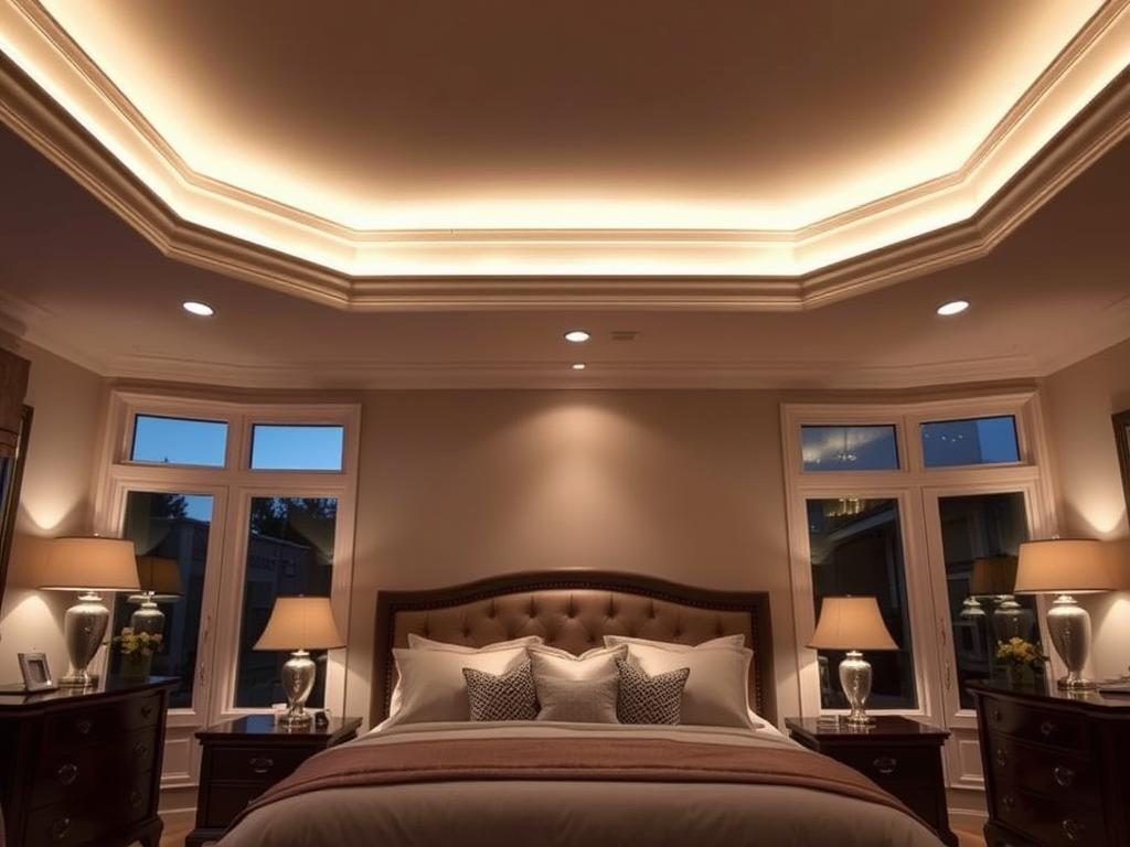 Elegant Bedroom Featuring A Tray Ceiling With Subtle Led Accent Lighting Around The Perimeter Elegant bedroom featuring a tray ceiling with subtle LED accent lighting around the perimeter