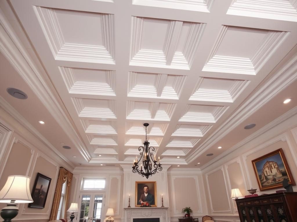 Formal Living Room With A Ceiling Featuring Elegant Applied Molding In A Geometric Pattern Formal living room with a ceiling featuring elegant applied molding in a geometric pattern