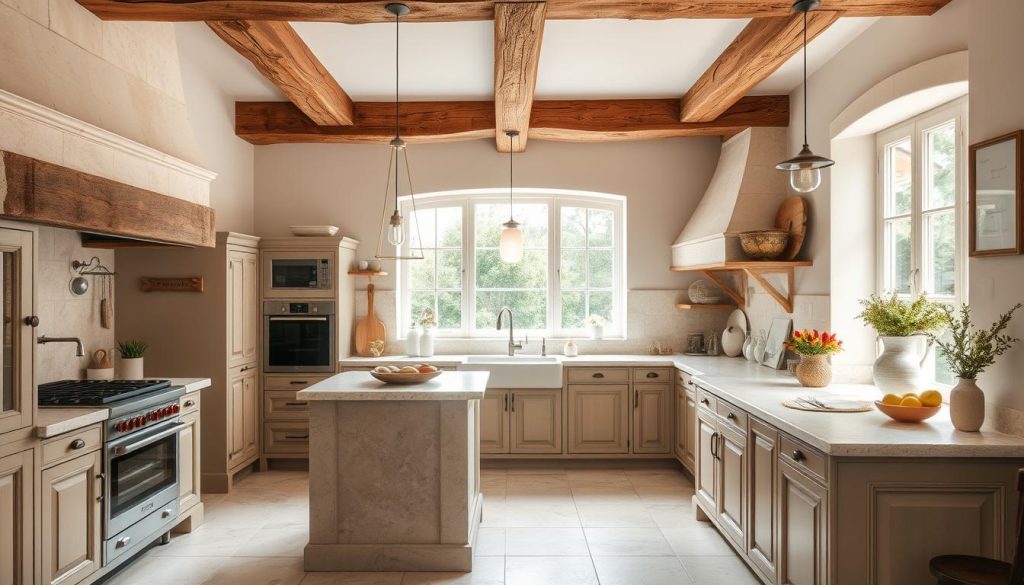 Limestone Countertops And Flooring In A French Country Kitchen With Warm Lighting Limestone countertops and flooring in a French country kitchen with warm lighting