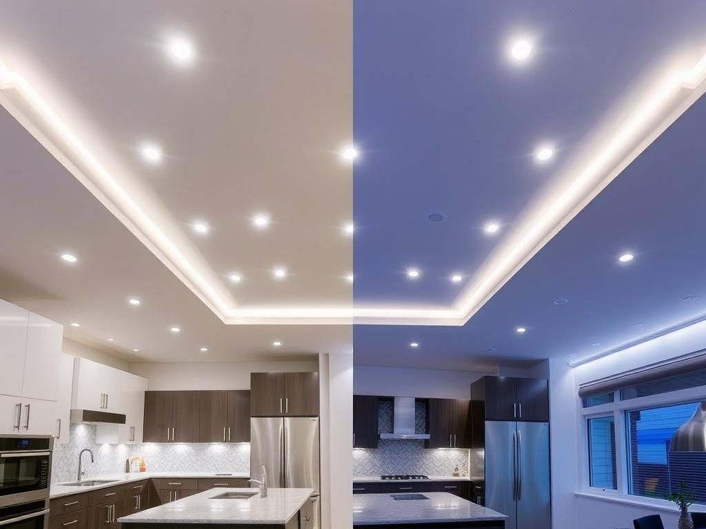 Modern Kitchen With A Ceiling Featuring Strategically Placed Recessed Lights In A Geometric Pattern Modern kitchen with a ceiling featuring strategically placed recessed lights in a geometric pattern