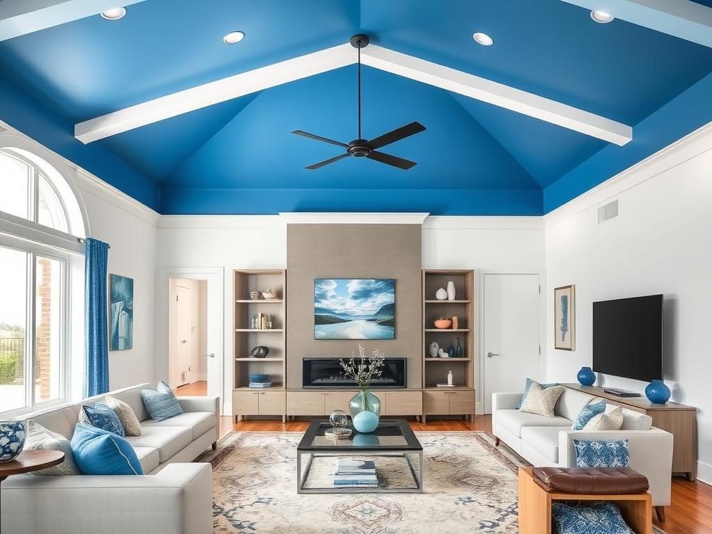 Modern Living Room With A Bold Blue Painted Ceiling That Contrasts With White Walls Modern living room with a bold blue painted ceiling that contrasts with white walls