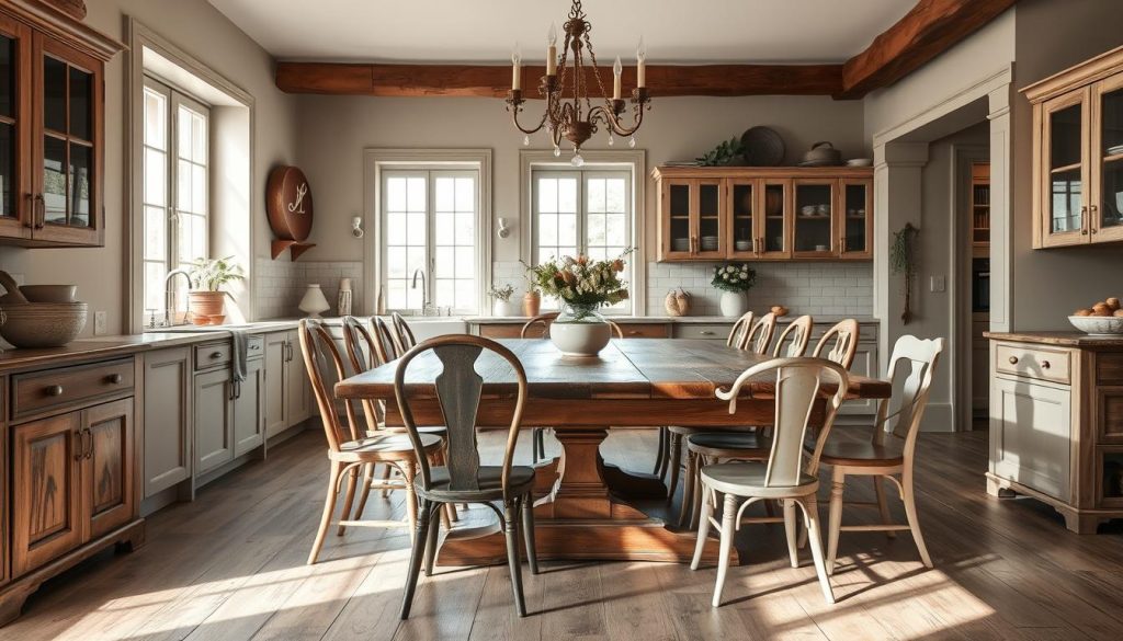 Rustic Wooden Table With Mismatched Chairs In A French Country Kitchen Dining Area Rustic wooden table with mismatched chairs in a French country kitchen dining area