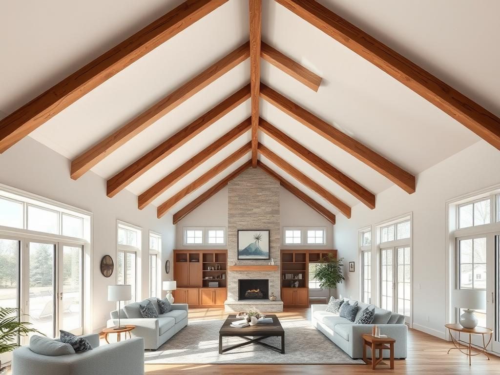 Spacious Living Room With A Dramatic Vaulted Ceiling Featuring Exposed Wooden Beams Spacious living room with a dramatic vaulted ceiling featuring exposed wooden beams